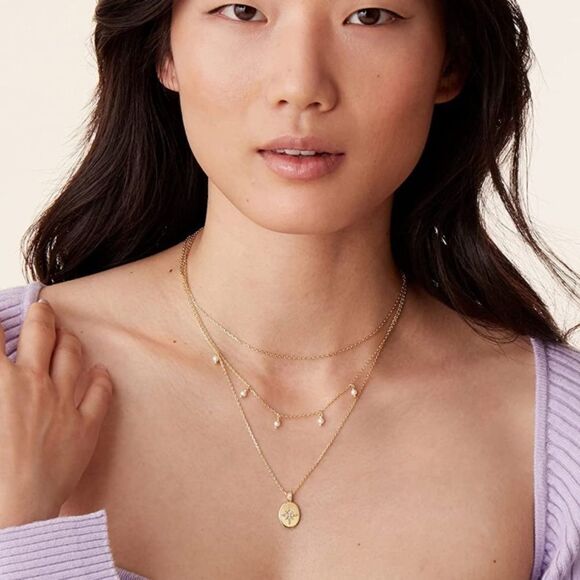 Gold 14k Gold Plated Layered Necklace Cubic Zirconia North Star Pendant - Picture 1 of 3